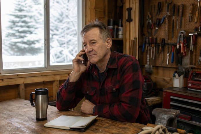 Man in his fifties in a plaid shirt taking a phone reading at a garage workbench in winter, with a thermos and open notebook