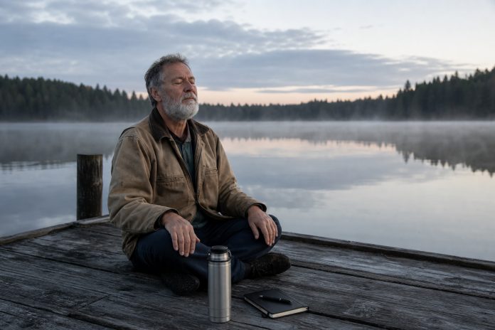Learn to Find Your Spirit Guide: quiet sitting on a dock at dawn Older man sitting with eyes closed on a misty fishing dock at dawn, thermos and notebook beside him