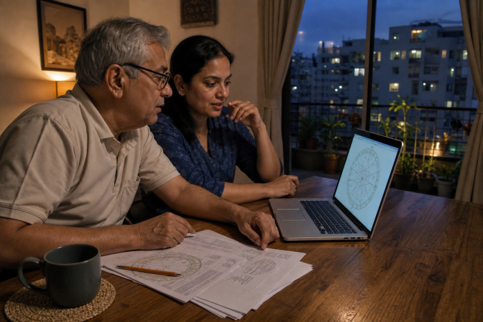 Everything You Need to Know About Astrology: reading a birth chart together Father and adult daughter at a dining table in the evening looking at a laptop showing a circular birth-chart wheel, printouts and a pencil beside them