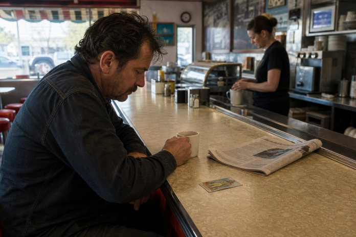 Middle-aged man at a diner counter early morning with coffee and a single tarot card face-up beside a folded newspaper, chrome and vinyl stools