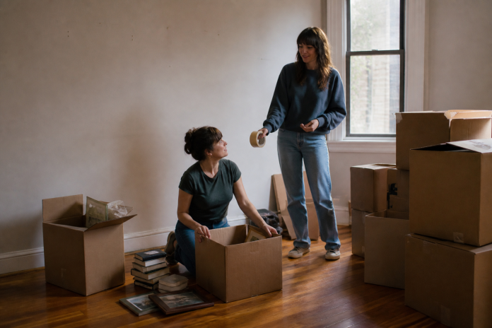 Letting go of someone you care for: packing up the living room Woman in her thirties boxing up books and photos in a half-empty living room with moving boxes while a friend hands her packing tape