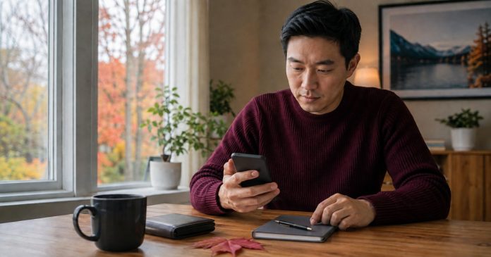 AI-created editorial illustration; corrected natural screen and reading-material orientation. An adult East Asian man wearing a burgundy knit sweater at a maple-wood desk planning a phone reading budget in a Canadian home