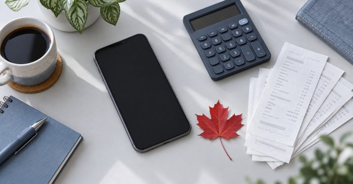Checking a budget before an optional phone reading A smartphone with a blank screen beside a calculator, receipts and a small red maple leaf on a light desk.