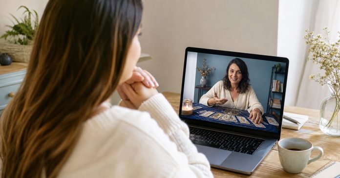 Live Psychic Video Readings Woman having a private live video psychic reading with an advisor online