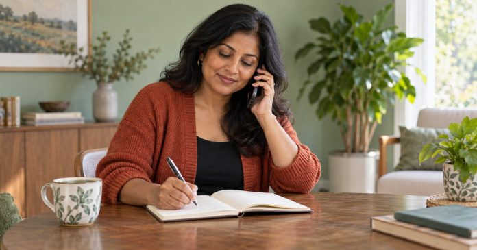 A woman making notes while listening during a phone conversation at home.