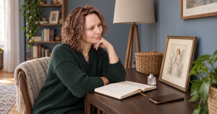Are Angels Among Us? Faith, Meaning and Everyday Kindness Woman reflecting beside a small angel image and a private journal