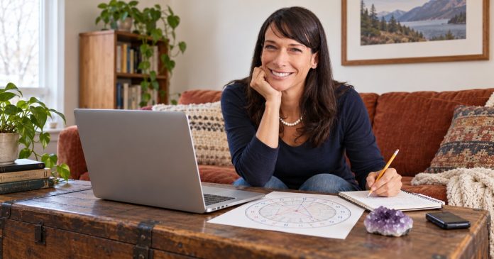 Woman exploring an astrology chart on a laptop in her modest home