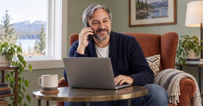 Canadian phone psychic reading with a laptop A man on a phone call using a laptop in a Canadian living room.