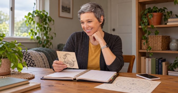 Woman planning beside an astrology reference and a small sea-goat illustration