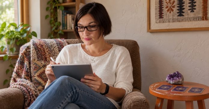 Woman recording a personal reflection on a tablet in her modest home