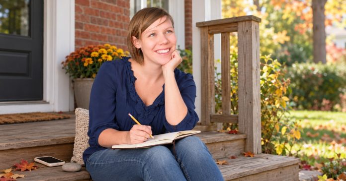 Karma in Daily Life: Intention, Choices and Compassion Woman reflecting on daily choices with a journal on a modest porch