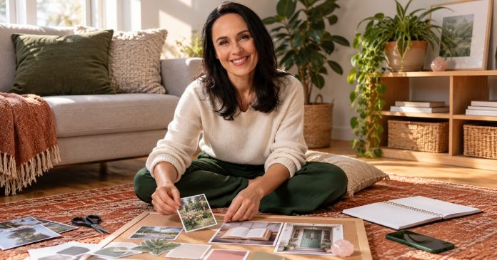Woman arranging a personal vision board and a practical plan in her home