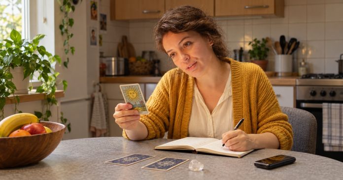 Woman reflecting on a tarot card and writing an intuition note at home