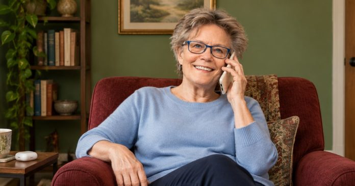 An older woman having a private phone reading in a quiet room with the door closed.