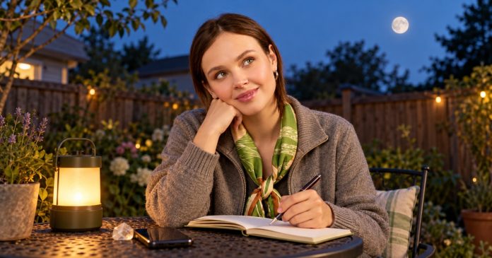 Woman reflecting on her goals in a small backyard beneath a full moon