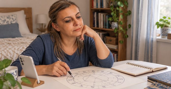 Woman studying an astrology chart beside her phone at home