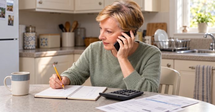 Woman discussing a budget by phone with a notebook and calculator