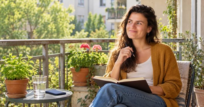 Spiritual Awakening: Meaning and Staying Grounded Woman journaling on a small balcony beside plants