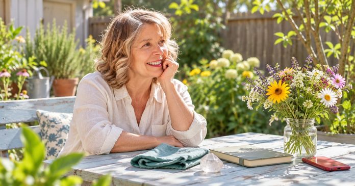 Aura Cleansing: A Gentle Smoke-Free Reset Woman taking a reflective pause beside flowers and a crystal on her patio