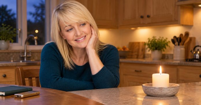 Woman pausing beside a candle in a clear uncluttered home setting