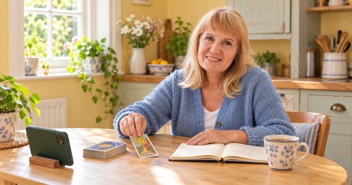 Woman turning over a tarot card beside her morning journal in a small kitchen