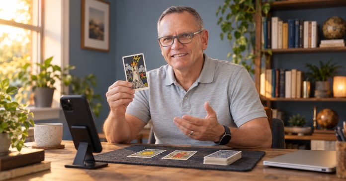 Tarot reader calmly explaining a Tower card with a phone on a stand nearby