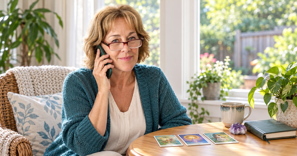 A woman speaking on a phone beside tarot cards in a bright home sunroom.
