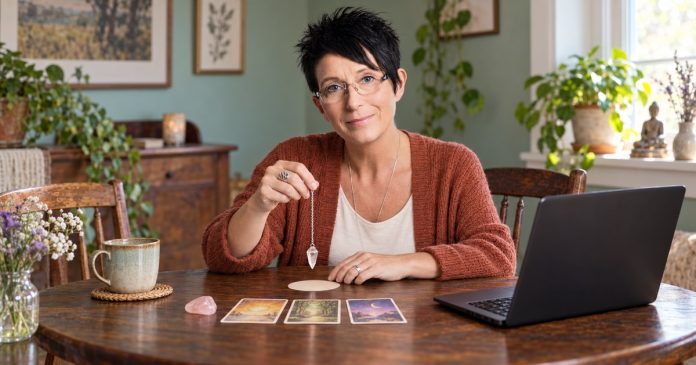 Clairvoyance, Mediumship and Psychic Readings: Which Suits You? Reader using a small pendulum beside oracle cards and a laptop at home