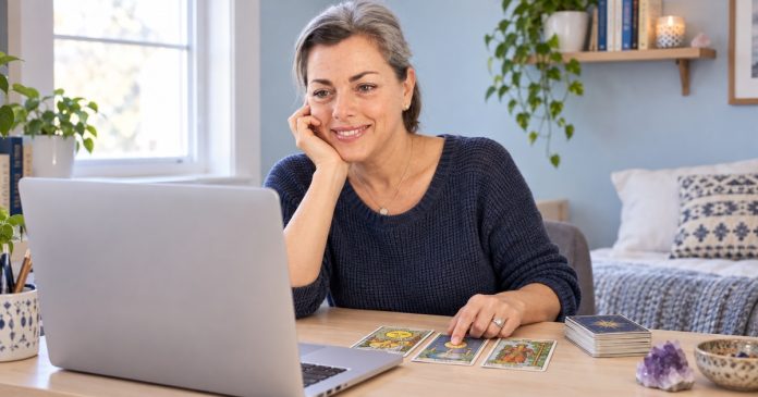 Tarot reader explaining a three-card spread during a laptop video call