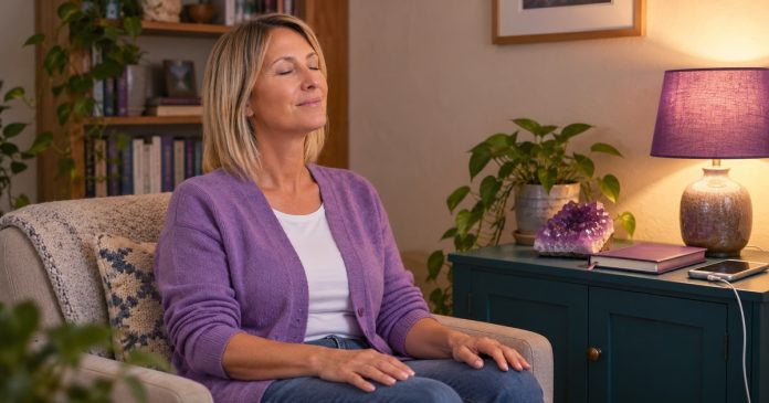 Woman sitting quietly in a modest room with violet accents and an amethyst