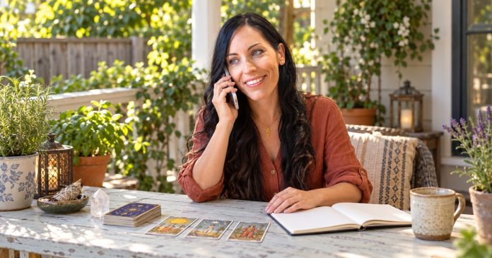 A dark-haired woman on a phone reading beside tarot cards and an open notebook on a garden porch.