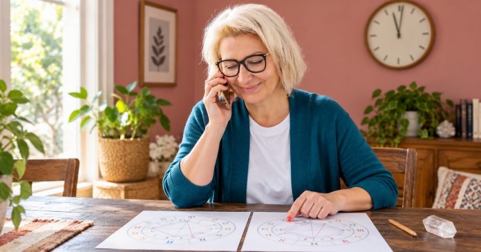 Your Zodiac Sign and Twin Flames: Exploring Connection Woman comparing two astrology charts during a reflective phone conversation at home